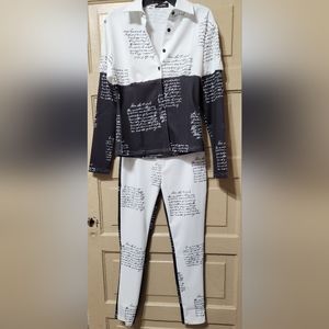 CHICME Black & White Letter Print Long Sleeve Button Down Shirt & Pants Set NIB
